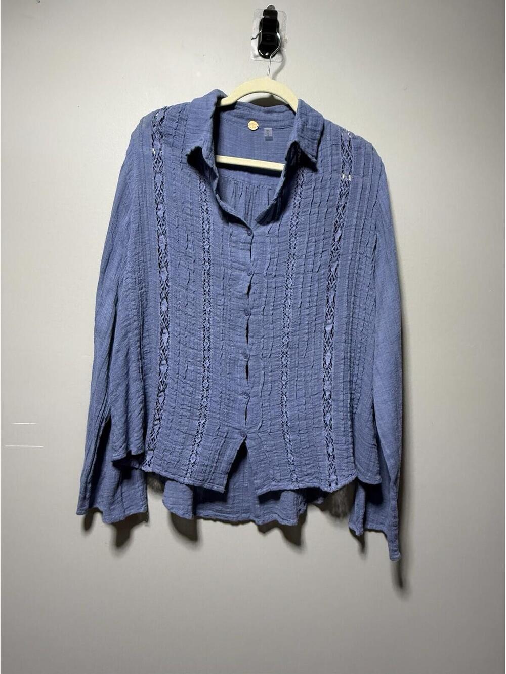 Free People Mila Shirt Cotton Gauze Blue Lace Button Up Blouse M Boho Coastal